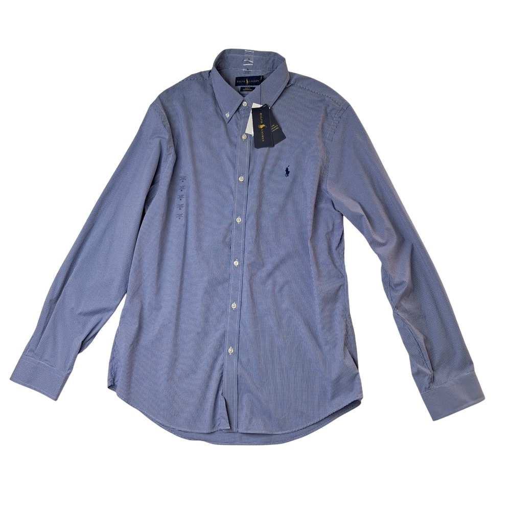 NWT Ralph Lauren Button Down Shirt Mens XL Blue Gingham Slim Fit Stretch Work